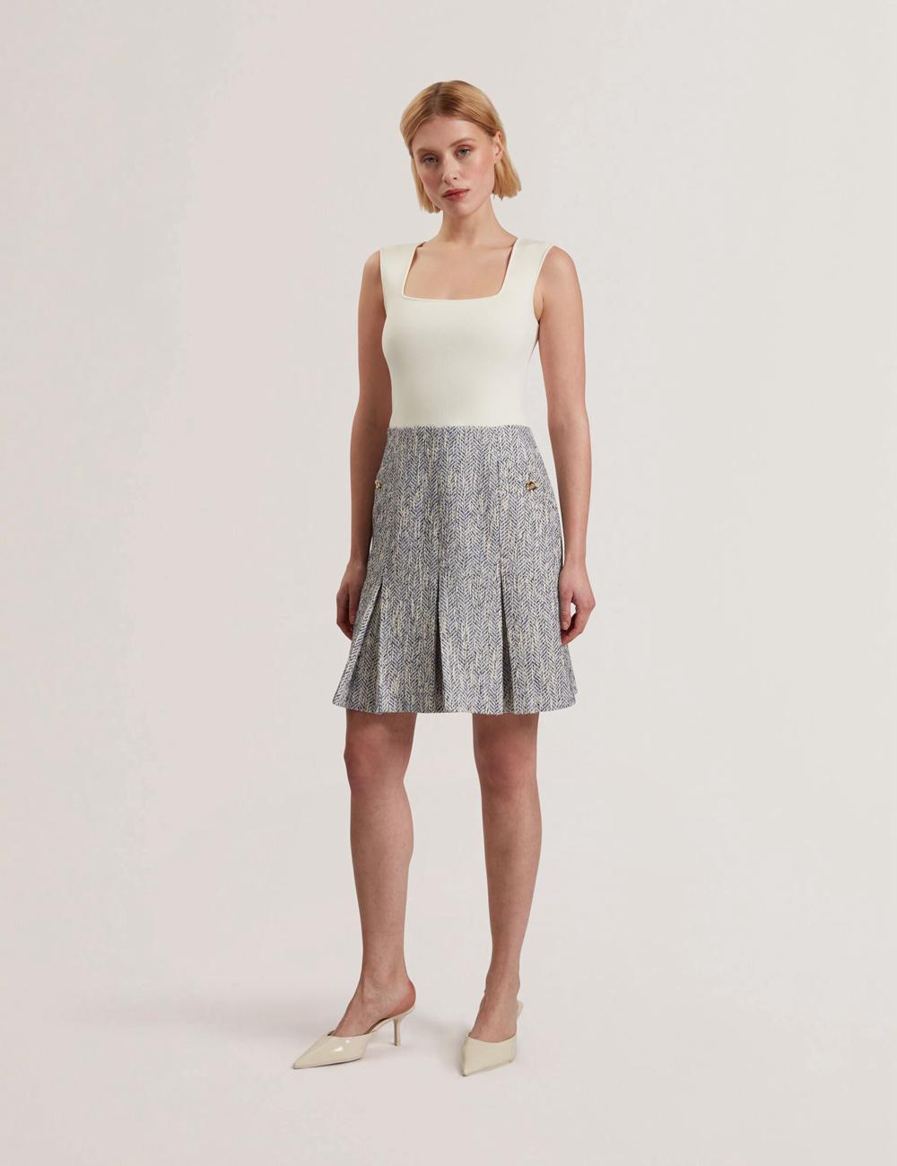Mini Robe Ted Baker VULPAM - Sleeveless Knit Bodice Boucle Femme Bleu | Paris  53867-JBRQ