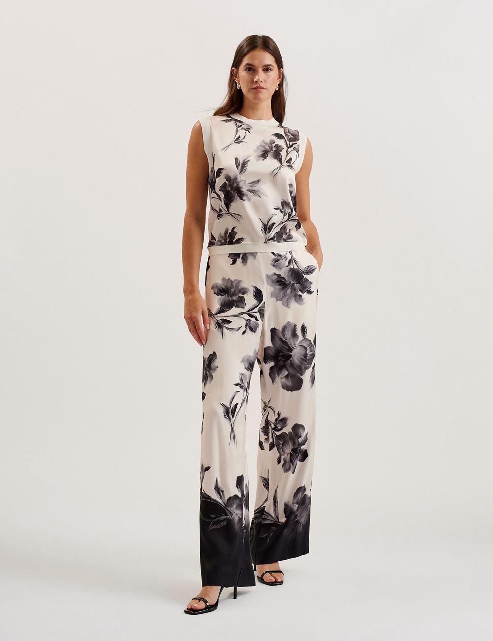 Pantalons Ted Baker AWYNA - Floral Print Pull-On Wide Leg Femme Noir | Paris  26753-YQSG