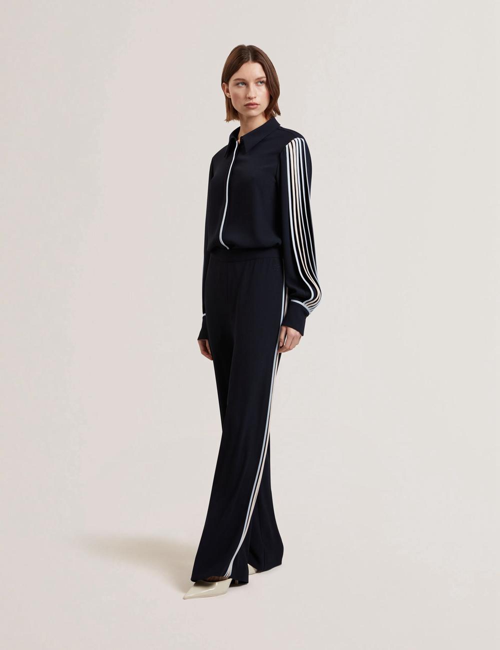 Pantalons Ted Baker GORJJA - Piping Detail Wide Leg Crepe Femme Bleu Marine | Paris  68902-HDBU