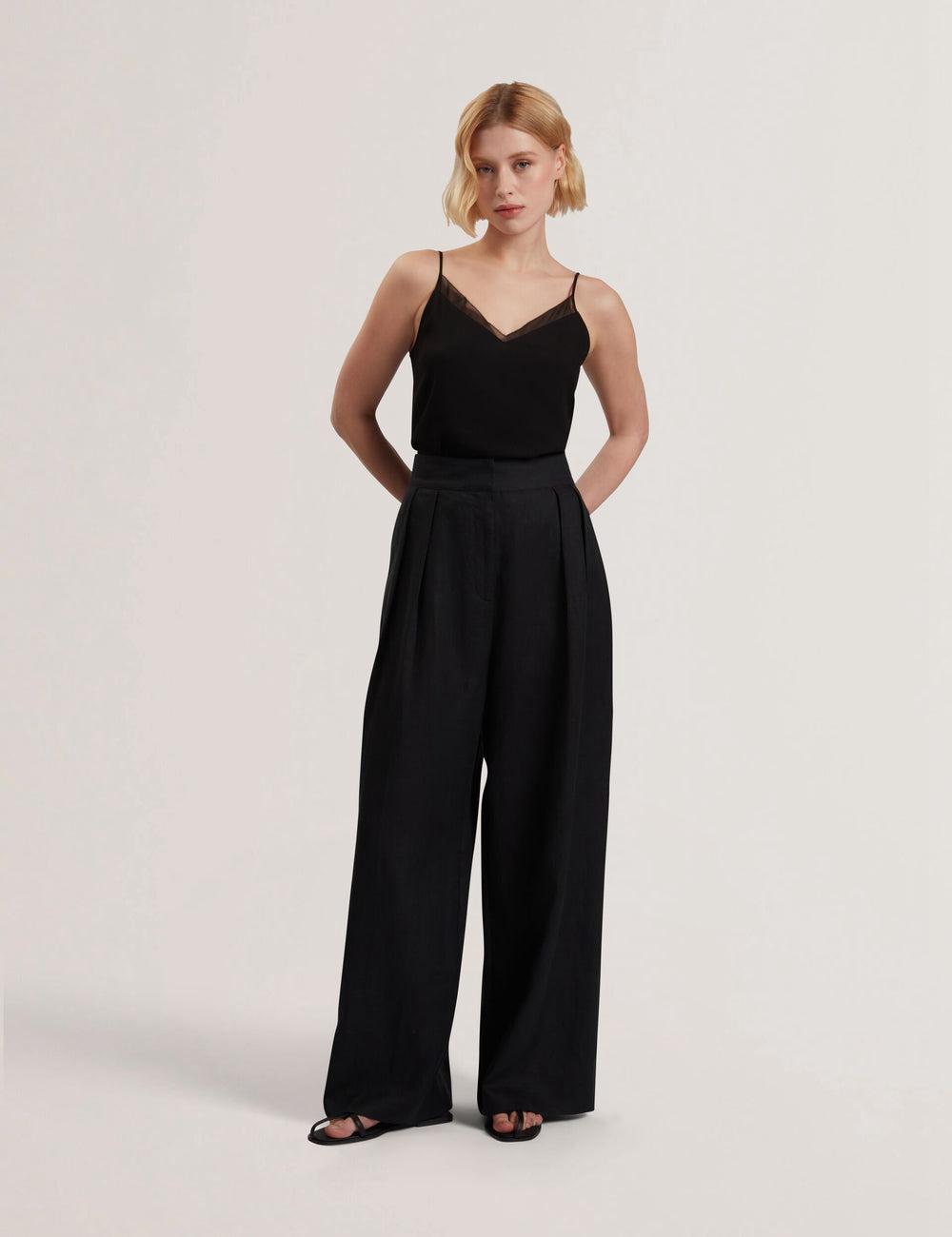 Pantalons Ted Baker KYFAAT - Pure Linen Tailored Wide Leg Femme Noir | Paris  87135-SADU