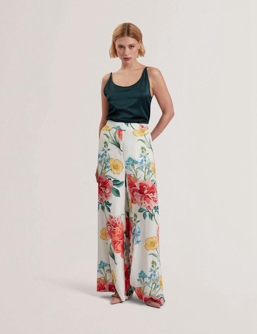 Pantalons Ted Baker NYMPHAT - Floral Print High Waisted Wide Leg Femme Blanche | Paris  87024-ZGYD