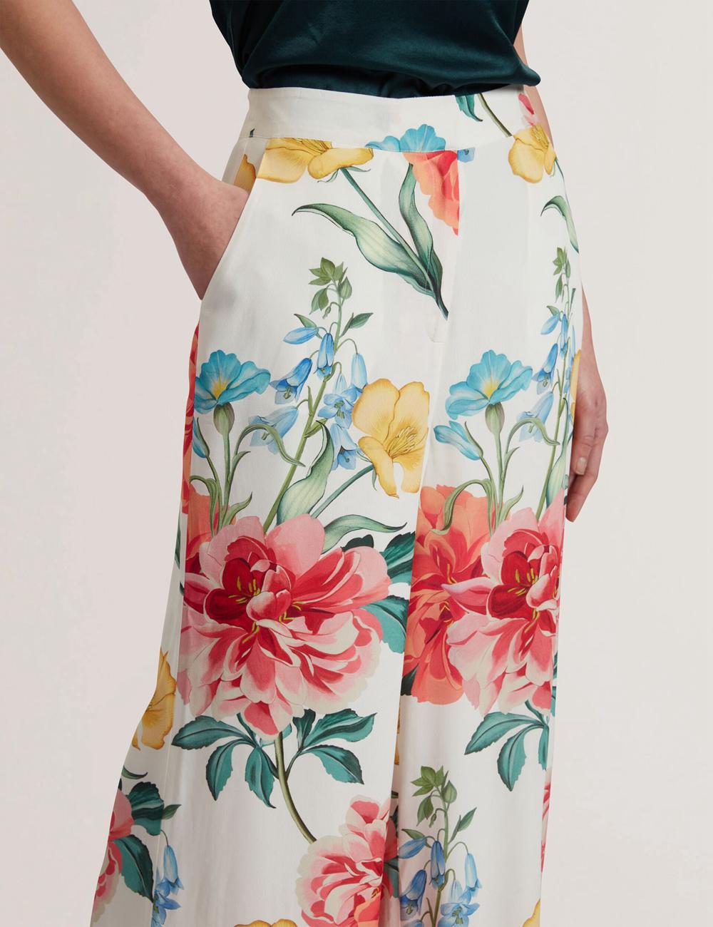 Pantalons Ted Baker NYMPHAT - Floral Print High Waisted Wide Leg Femme Blanche | Paris  87024-ZGYD