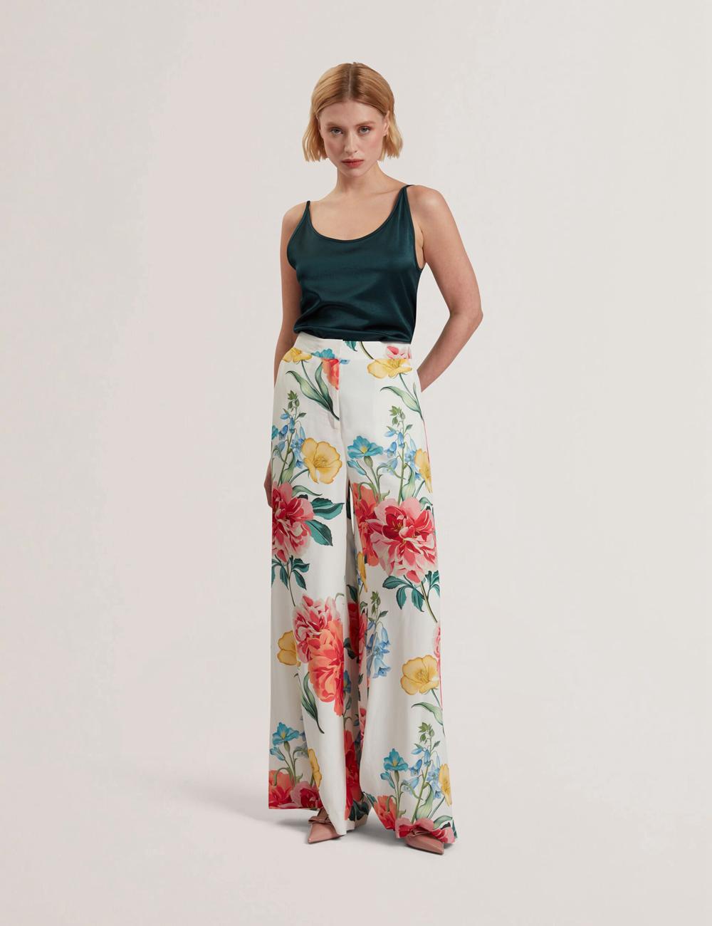 Pantalons Ted Baker NYMPHAT - Floral Print High Waisted Wide Leg Femme Blanche | Paris  87024-ZGYD