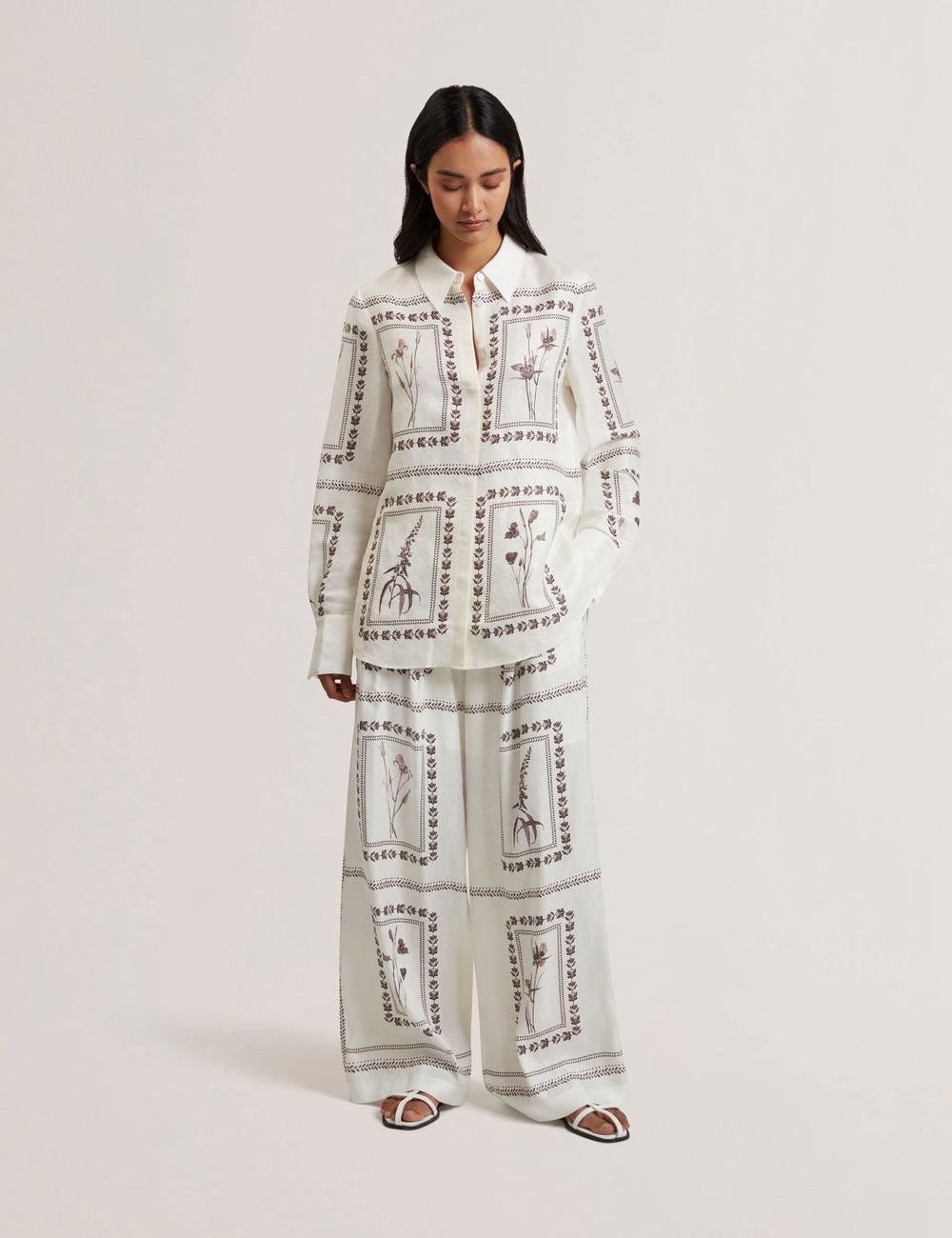 Pantalons Ted Baker ORNITHA - Panel Print Silk Linen Wide Leg Femme Ivory | Paris  94760-HALG