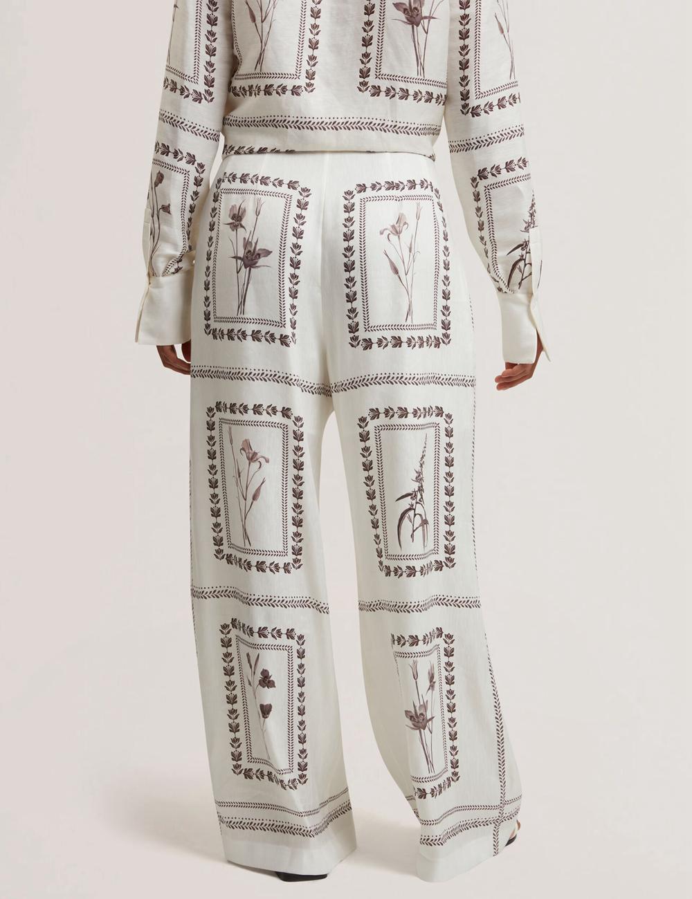 Pantalons Ted Baker ORNITHA - Panel Print Silk Linen Wide Leg Femme Ivory | Paris  94760-HALG