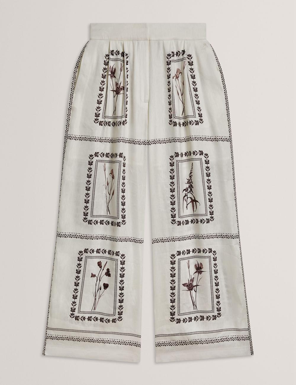 Pantalons Ted Baker ORNITHA - Panel Print Silk Linen Wide Leg Femme Ivory | Paris  94760-HALG