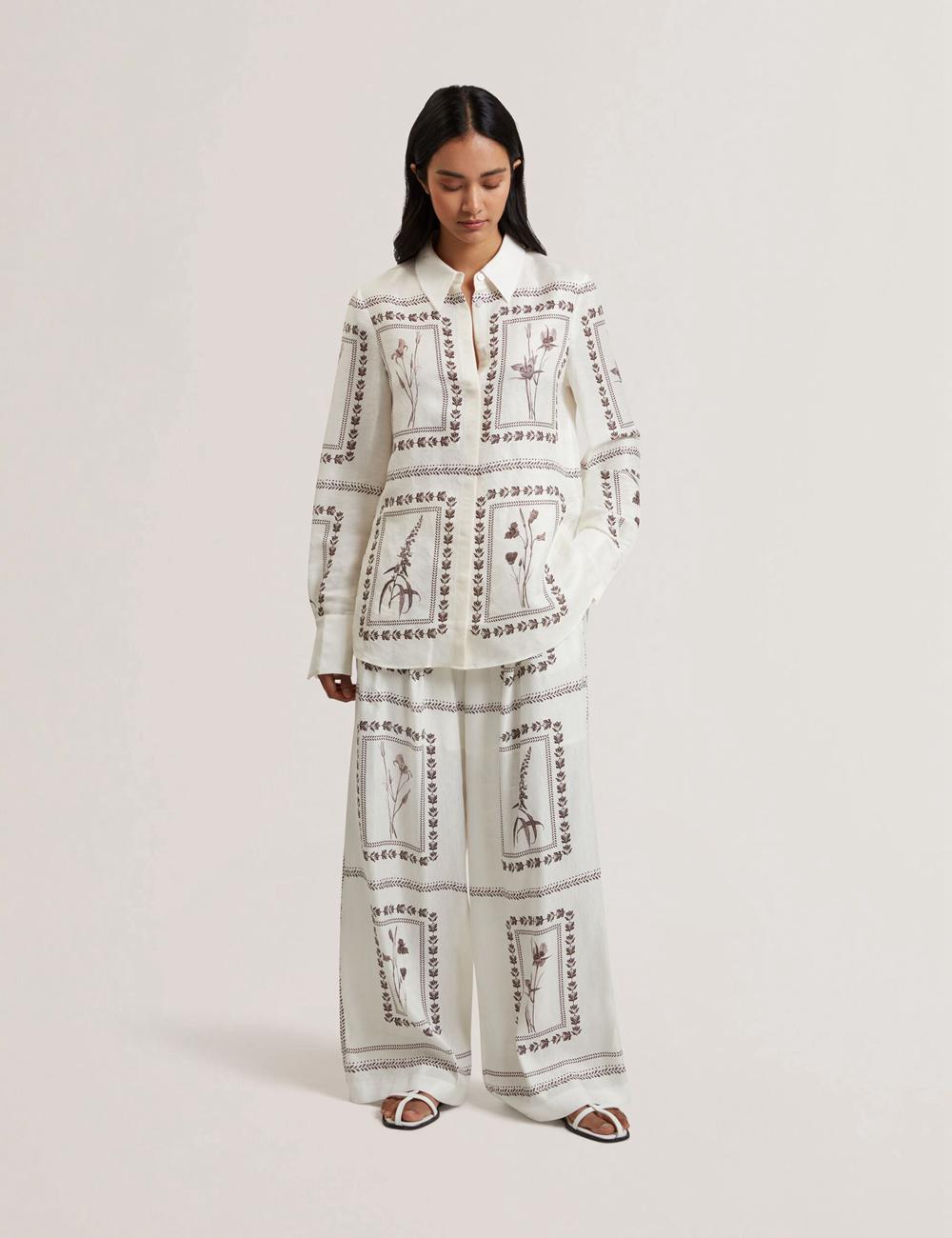 Pantalons Ted Baker ORNITHA - Panel Print Silk Linen Wide Leg Femme Ivory | Paris  94760-HALG