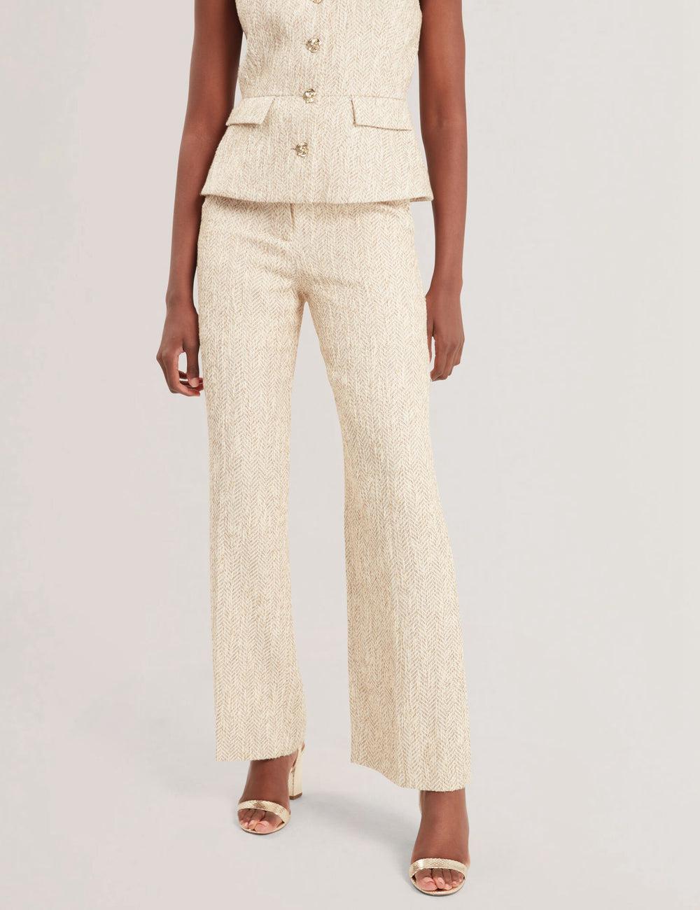 Pantalons Ted Baker VULPAT - Boucle Herringbone Wide Leg Tailored Femme Ivory | Paris  51023-QTGM