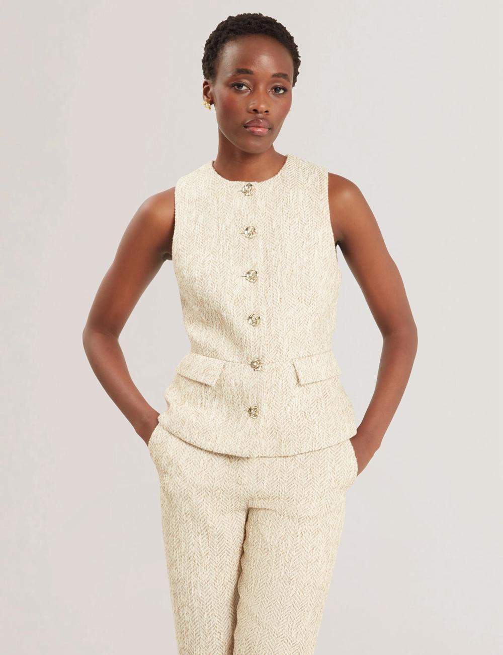 Pantalons Ted Baker VULPAT - Boucle Herringbone Wide Leg Tailored Femme Ivory | Paris  51023-QTGM