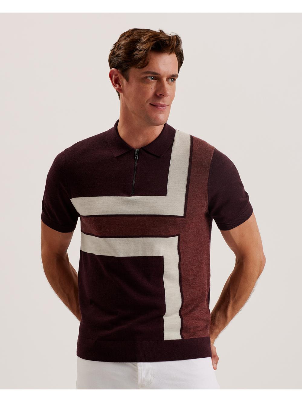 Polos Ted Baker AMBLER - Colour Block Zip Neck Wool Homme Bordeaux | Paris  73864-FHJI