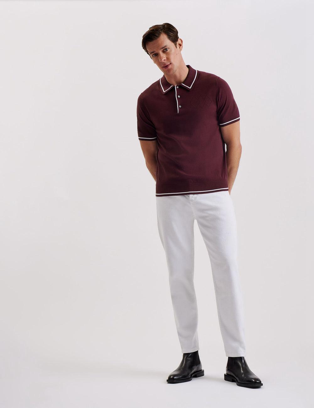 Polos Ted Baker DUNOW - Pointelle Detail Striped Trim Homme Bordeaux | Paris  95023-JZBW