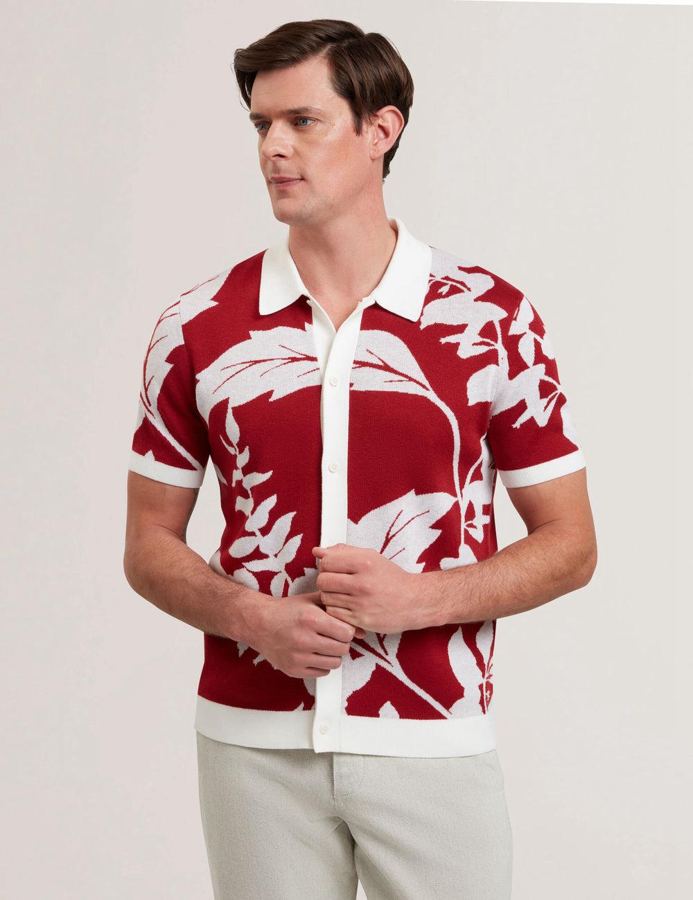 Polos Ted Baker EDSON - Short Sleeve Button Through Floral Homme Rouge | Paris  31759-DUBV