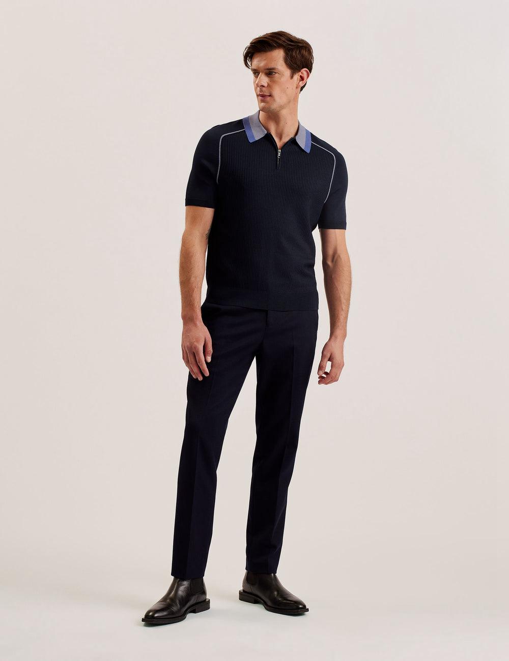 Polos Ted Baker PAXTO - Textured Zip With Striped Collar Homme Bleu Marine | Paris  73642-ZFUQ