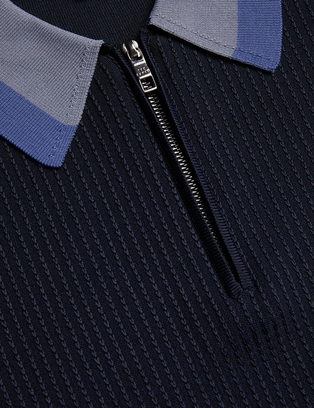 Polos Ted Baker PAXTO - Textured Zip With Striped Collar Homme Bleu Marine | Paris  73642-ZFUQ