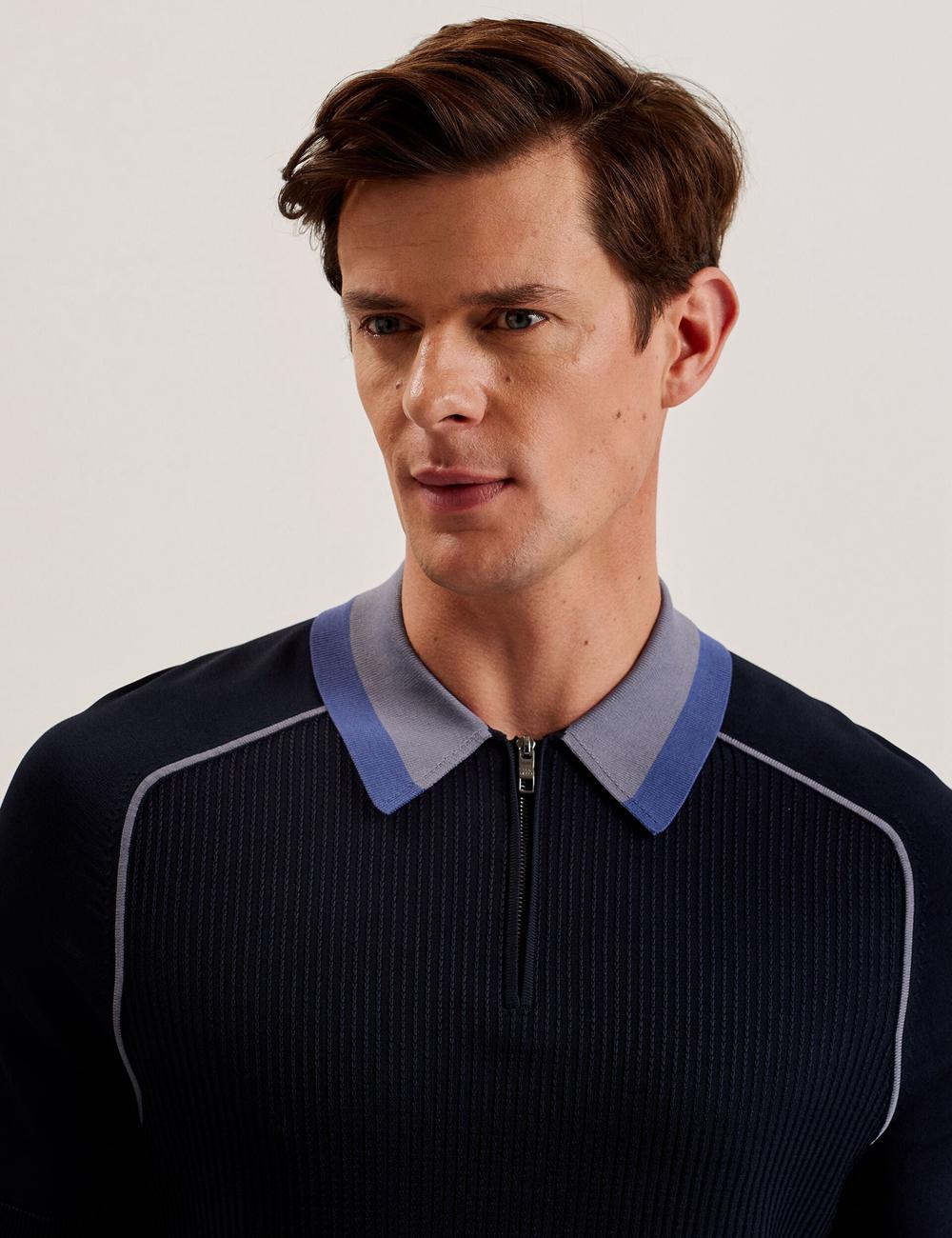 Polos Ted Baker PAXTO - Textured Zip With Striped Collar Homme Bleu Marine | Paris  73642-ZFUQ