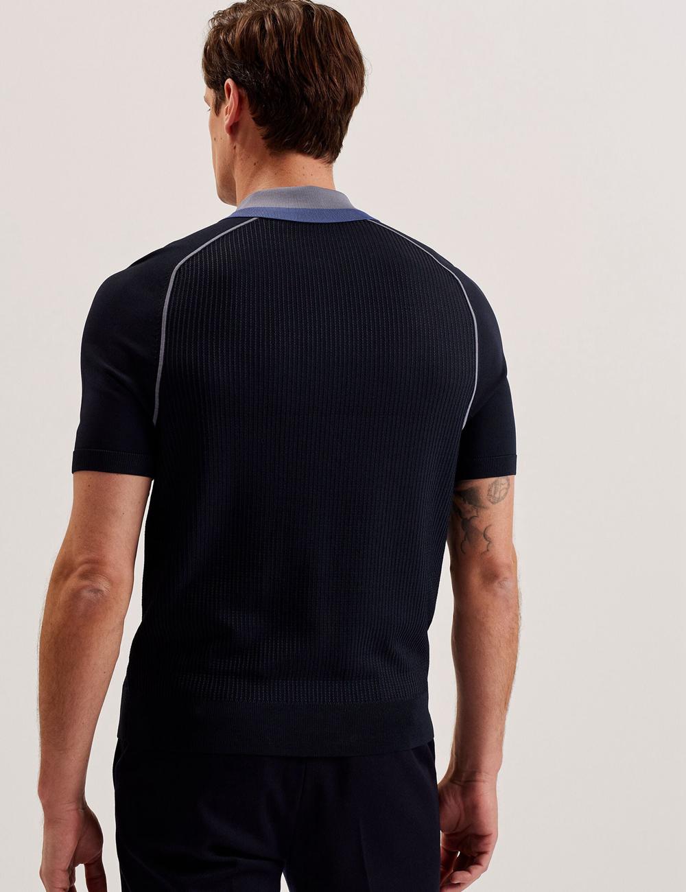 Polos Ted Baker PAXTO - Textured Zip With Striped Collar Homme Bleu Marine | Paris  73642-ZFUQ