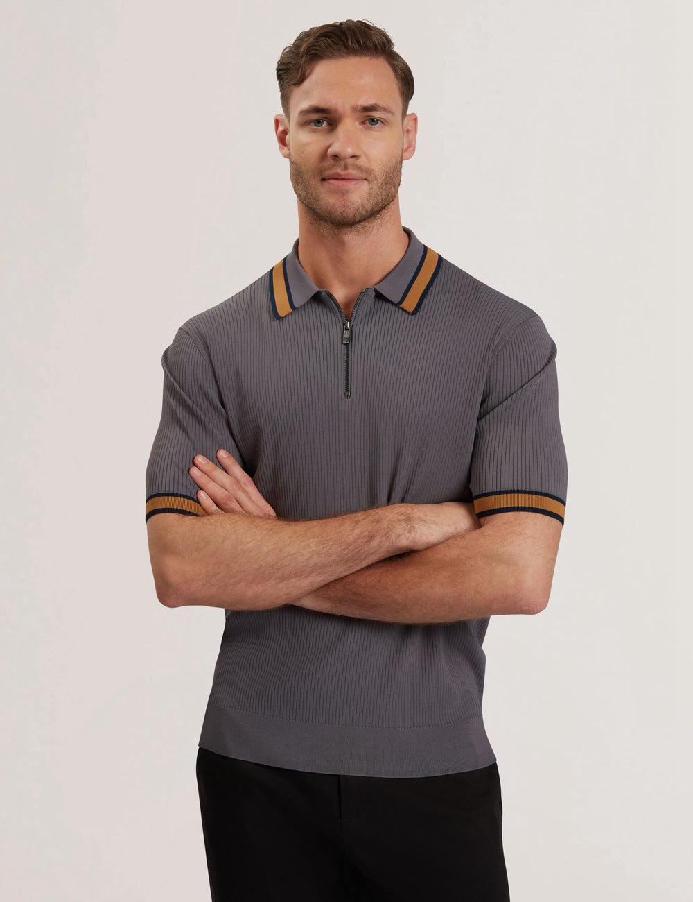 Polos Ted Baker RAFAELO - Striped Trim Zip Neck Ribbed Homme Grise | Paris  65384-CMRY