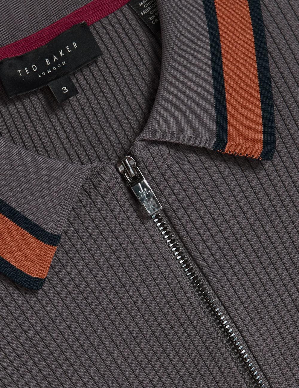 Polos Ted Baker RAFAELO - Striped Trim Zip Neck Ribbed Homme Grise | Paris  65384-CMRY