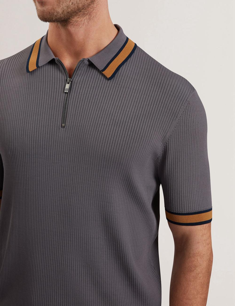 Polos Ted Baker RAFAELO - Striped Trim Zip Neck Ribbed Homme Grise | Paris  65384-CMRY