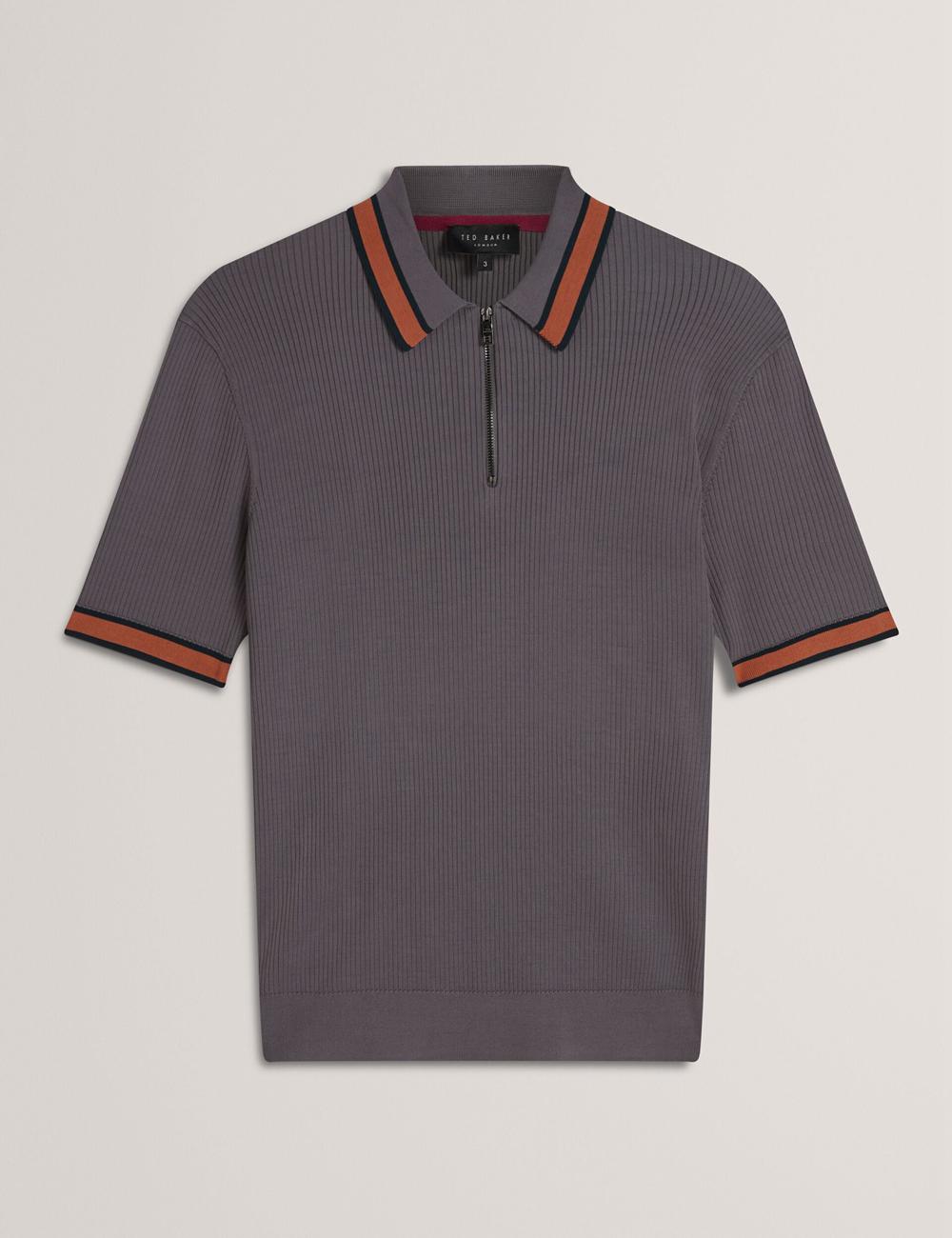 Polos Ted Baker RAFAELO - Striped Trim Zip Neck Ribbed Homme Grise | Paris  65384-CMRY