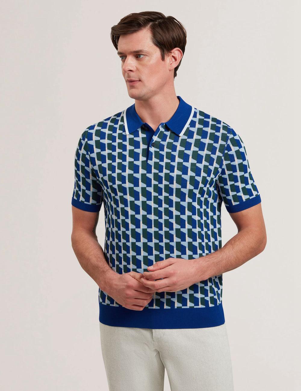Polos Ted Baker ROSSIO - Geometric Knitted Short Sleeve Homme Bleu Marine | Paris  23805-MGCZ