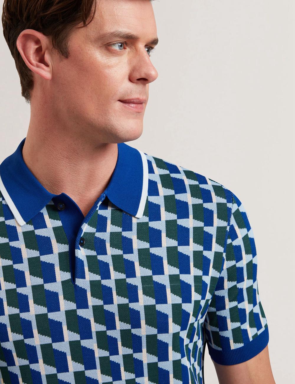 Polos Ted Baker ROSSIO - Geometric Knitted Short Sleeve Homme Bleu Marine | Paris  23805-MGCZ