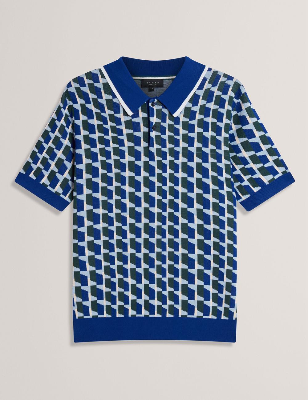 Polos Ted Baker ROSSIO - Geometric Knitted Short Sleeve Homme Bleu Marine | Paris  23805-MGCZ