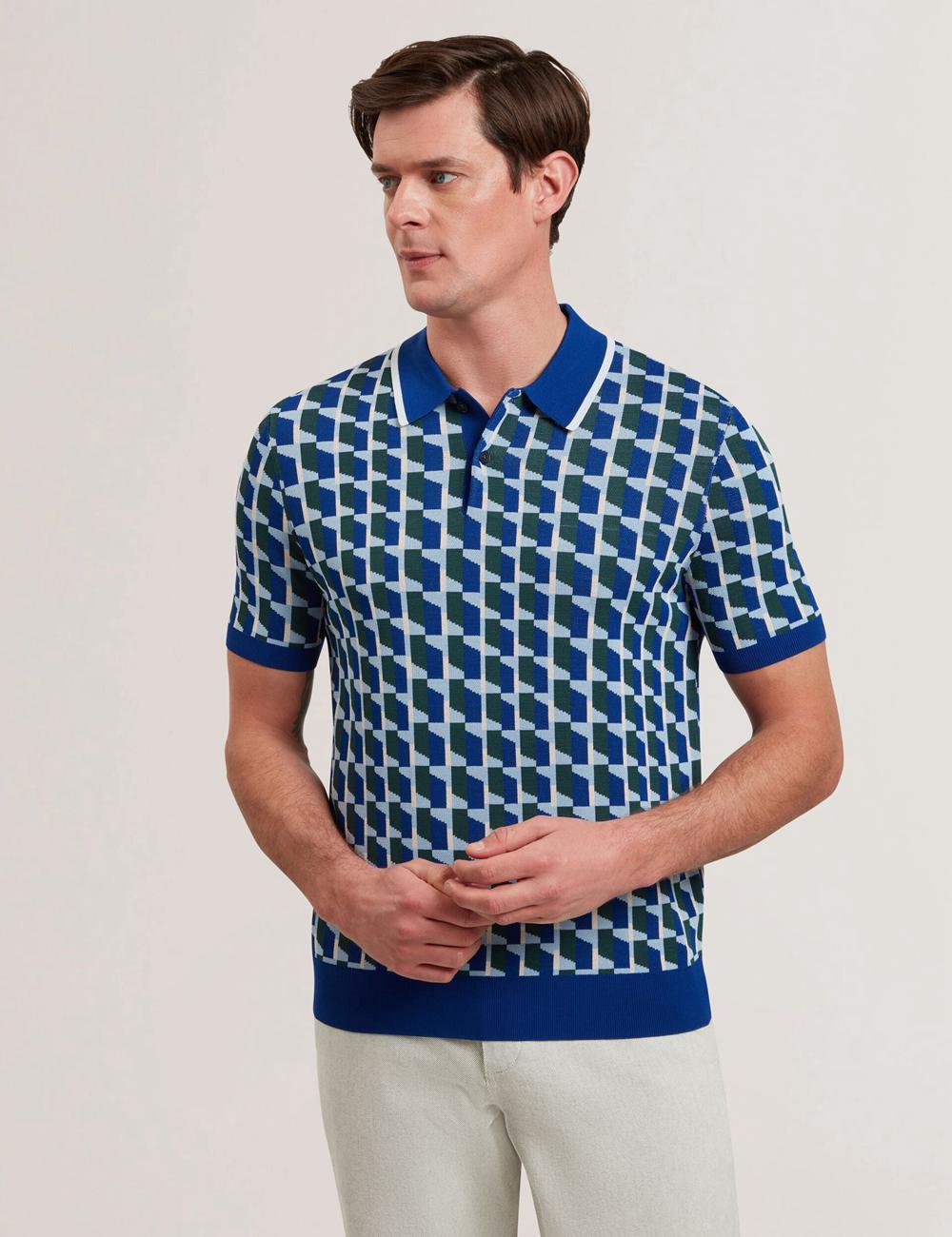 Polos Ted Baker ROSSIO - Geometric Knitted Short Sleeve Homme Bleu Marine | Paris  23805-MGCZ