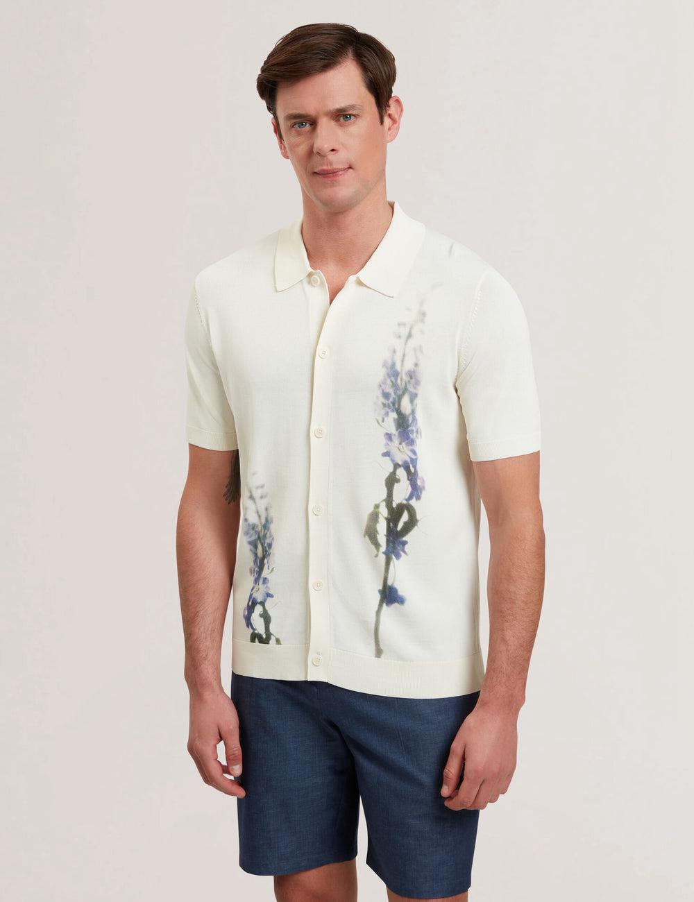 Polos Ted Baker RUITS - Short Sleeve Floral Placement Homme Ecru | Paris  48235-HYZC