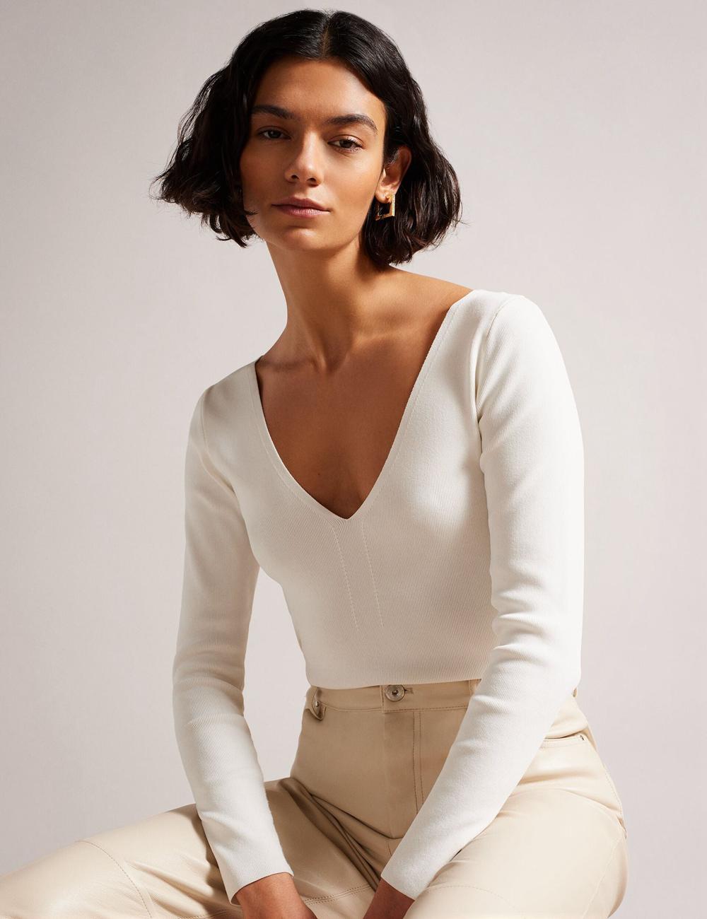 Pulls Ted Baker CILESTE - Fitted V-Neck Long Sleeve Knit Top Femme Ivory | Paris  63217-XLEQ