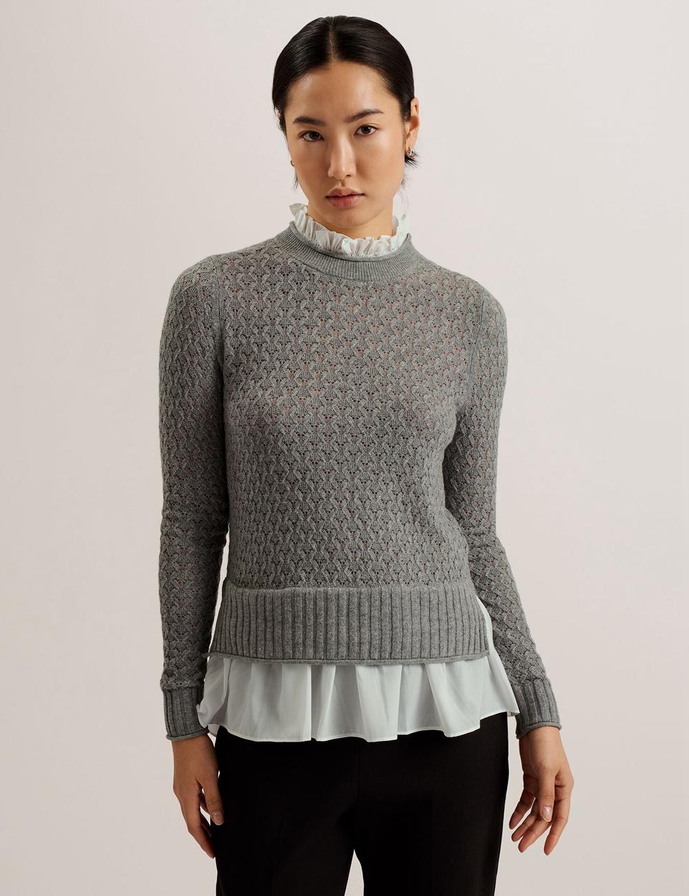 Pulls Ted Baker HOLINAS - Pointelle Knit With Shirt Hem Femme Grise | Paris  39750-VNRT