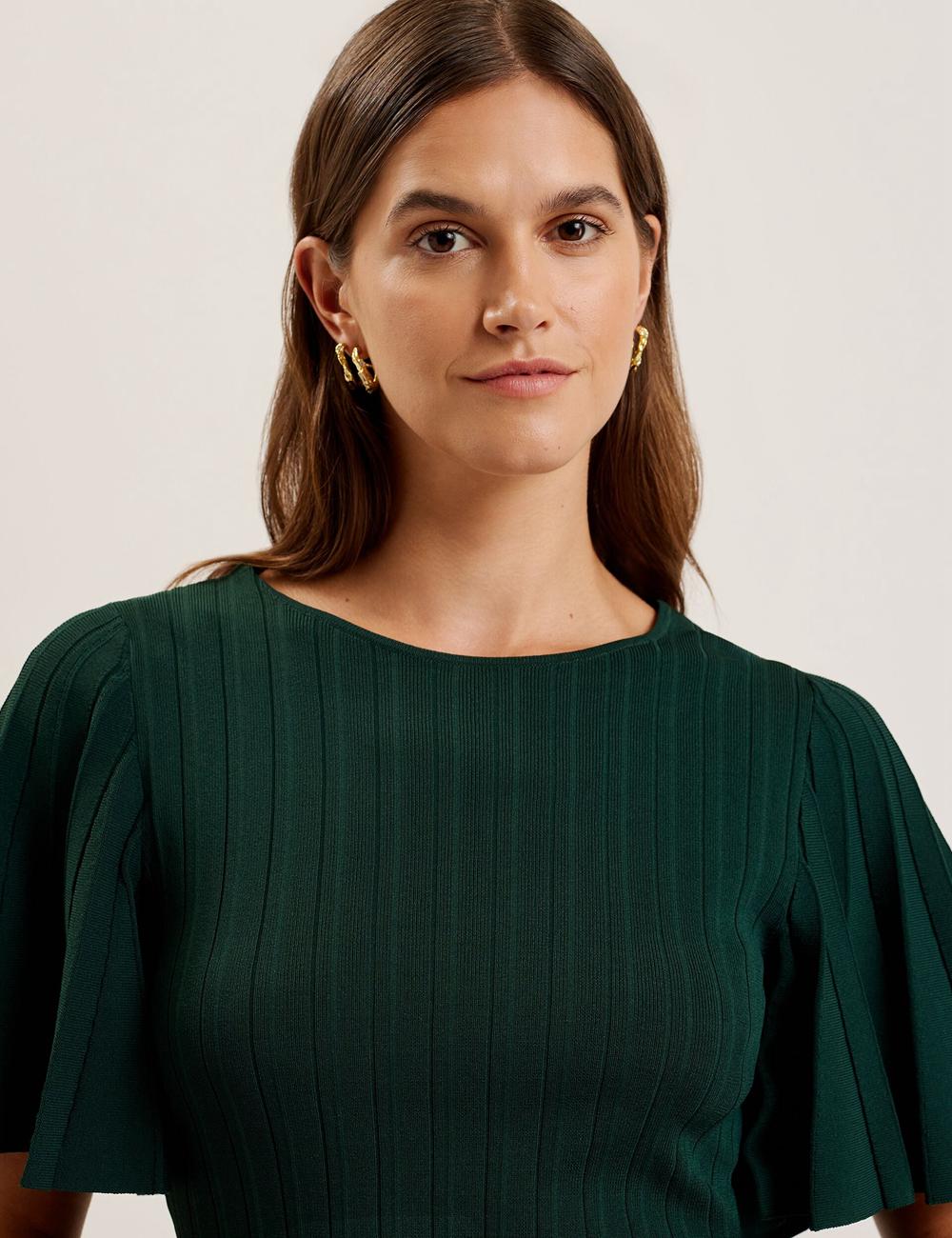 Pulls Ted Baker IIVANNA - Ribbed Knit Top With Fluted Short Sleeves Femme Vert | Paris  03248-BYUM