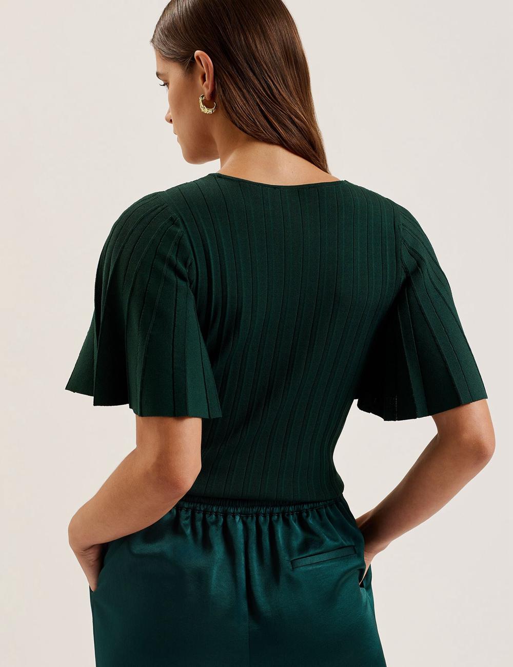 Pulls Ted Baker IIVANNA - Ribbed Knit Top With Fluted Short Sleeves Femme Vert | Paris  03248-BYUM