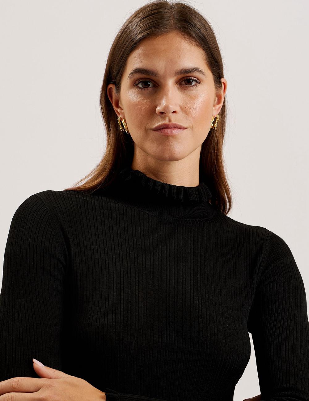 Pulls Ted Baker JANITTT - Ruffle Trim High Neck Ribbed Femme Noir | Paris  24768-BRAC