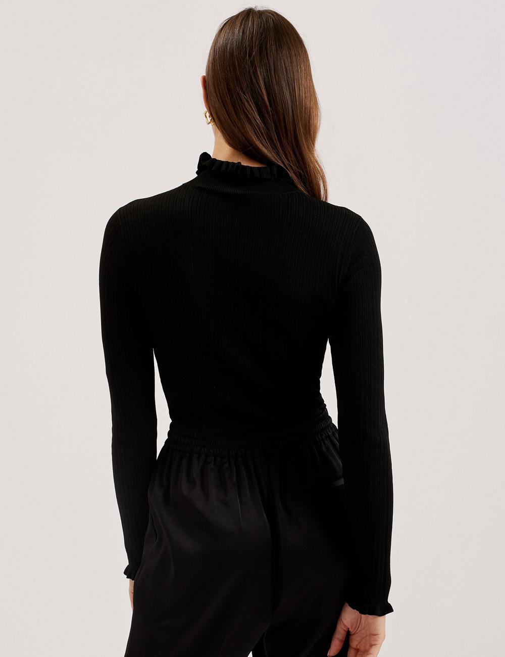 Pulls Ted Baker JANITTT - Ruffle Trim High Neck Ribbed Femme Noir | Paris  24768-BRAC
