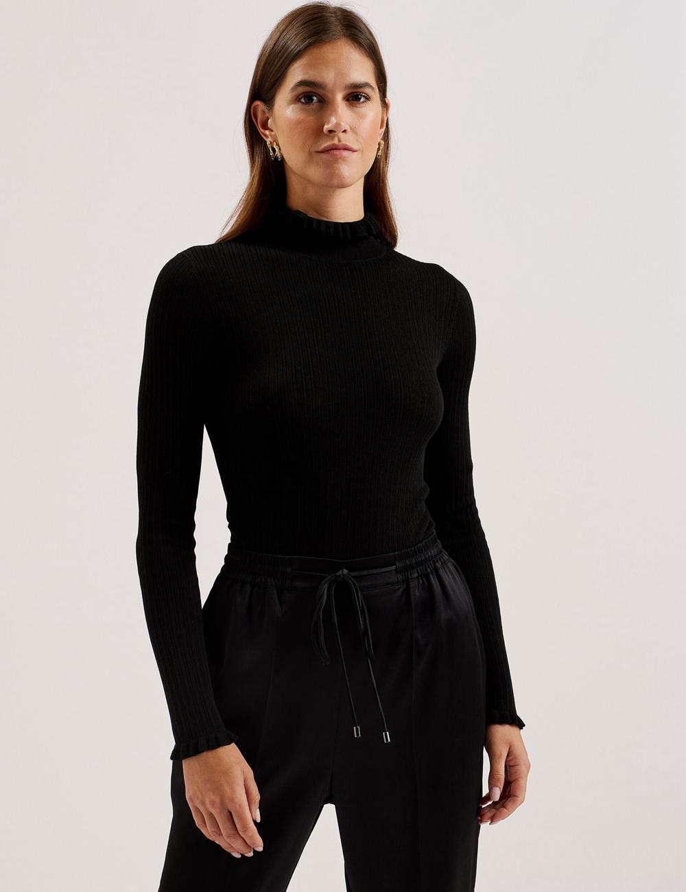 Pulls Ted Baker JANITTT - Ruffle Trim High Neck Ribbed Femme Noir | Paris  24768-BRAC