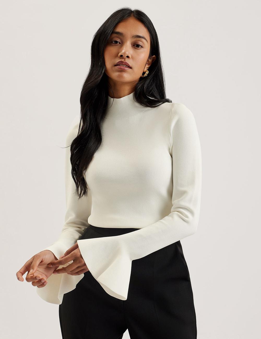 Pulls Ted Baker LAYNHA - Flared Sleeve High Neck Knitted Top Femme Ivory | Paris  34086-SBLZ