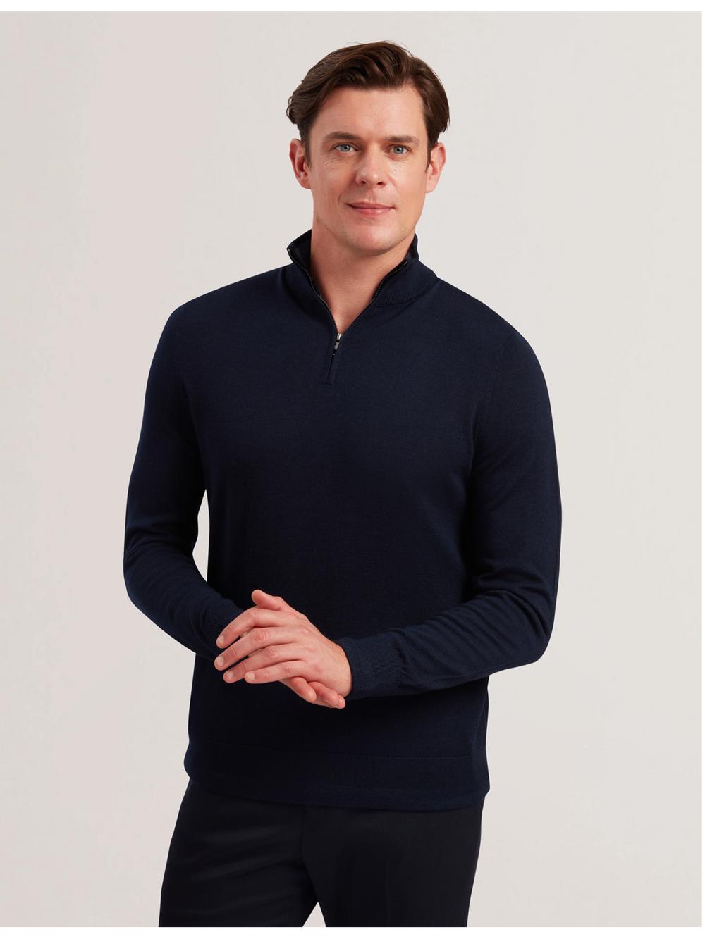 Pulls Ted Baker LIMEHAS - Wool Quarter Zip Funnel Neck Sweater Homme Bleu Marine | Paris  83975-ZSTW