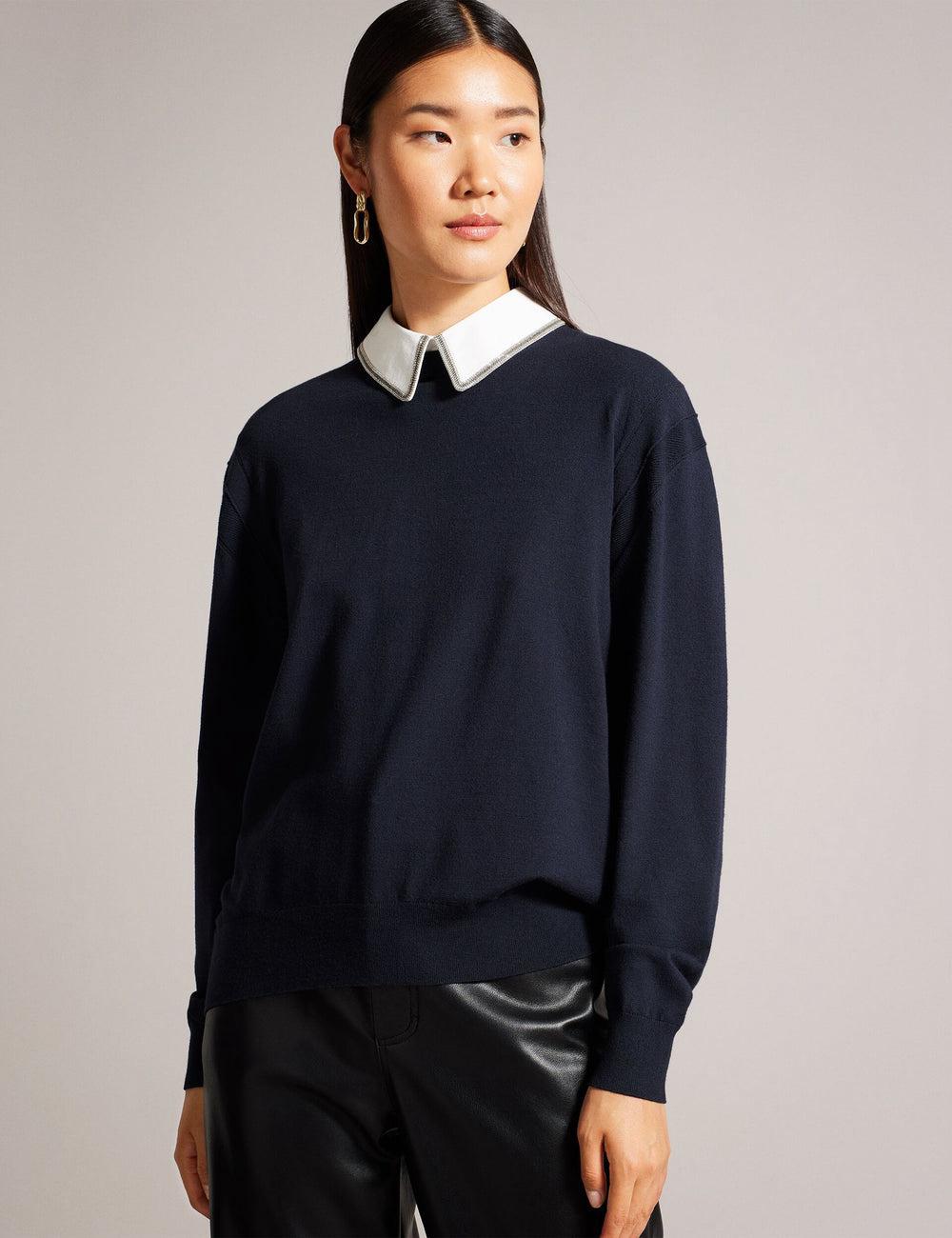 Pulls Ted Baker PENNII - Mockable With Embellished Shirt Collar Femme Bleu Marine | Paris  20853-AUMT