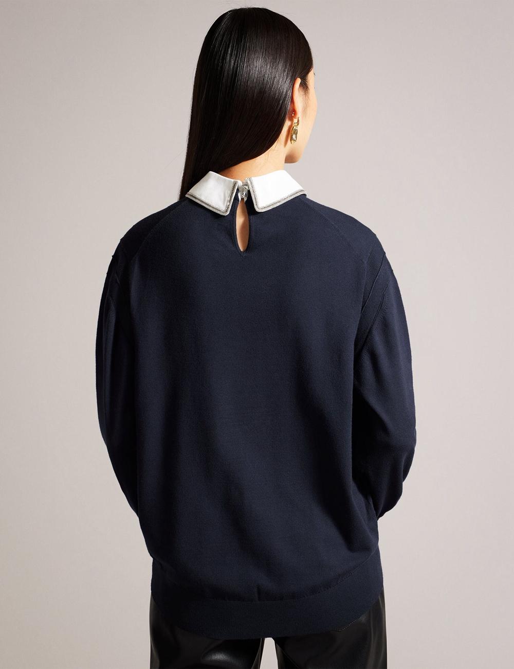 Pulls Ted Baker PENNII - Mockable With Embellished Shirt Collar Femme Bleu Marine | Paris  20853-AUMT