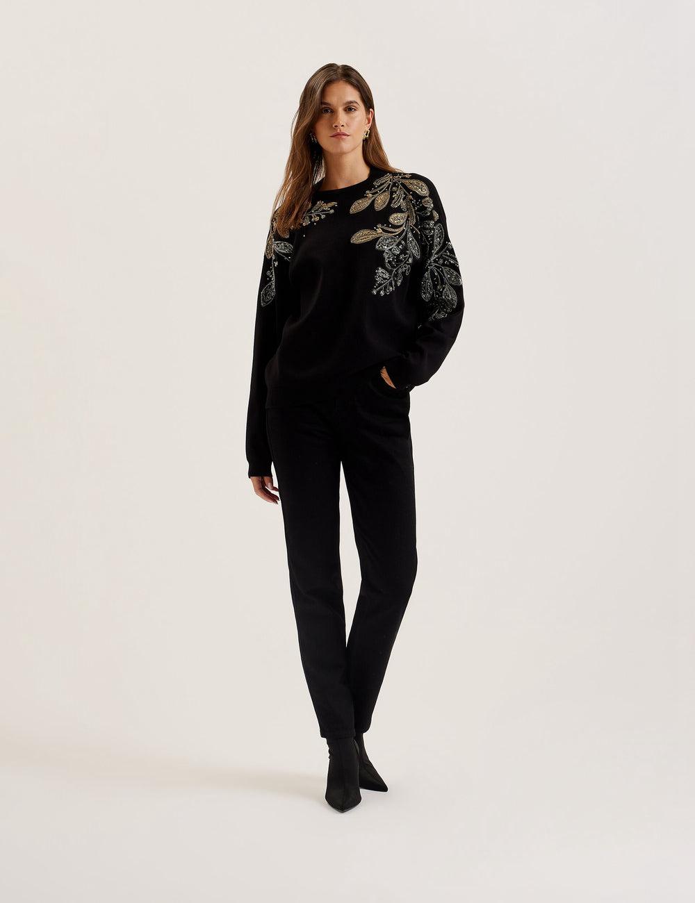 Pulls Ted Baker ROSMRRY - Embellished Floral Detail Knitted Femme Noir | Paris  34061-BJSN