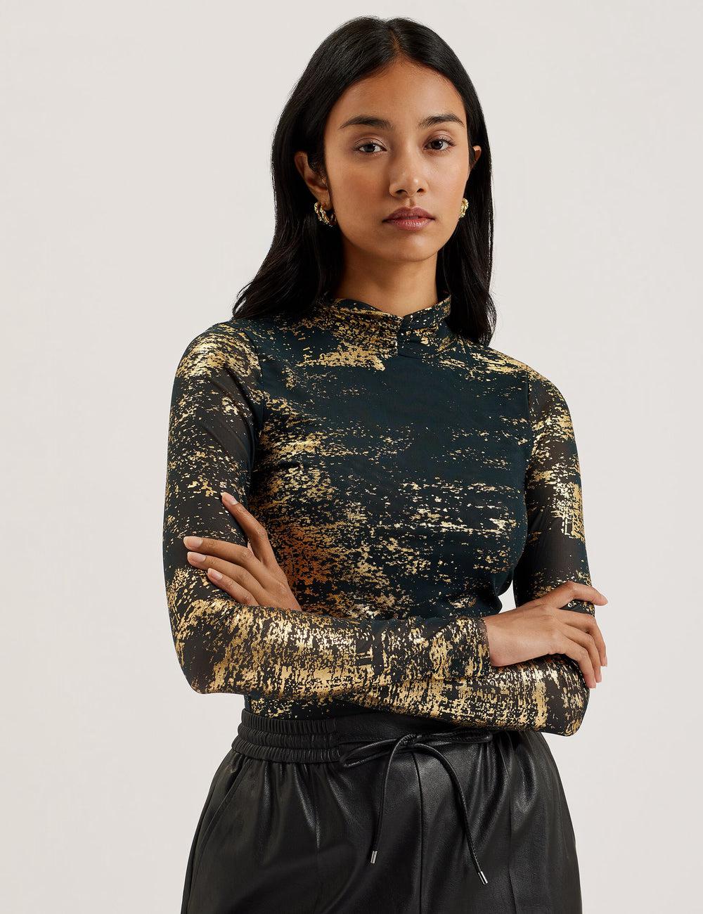Pulls Ted Baker SOFIY - Foil Print High Neck Mesh Top Femme Vert | Paris  72365-IDZC