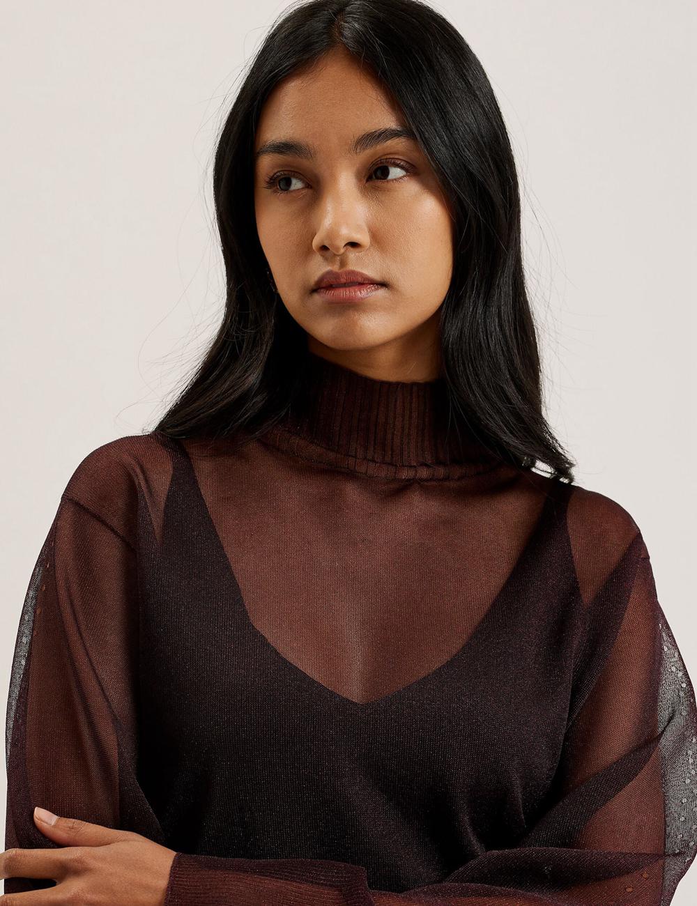 Pulls Ted Baker TAYLAW - Shimmer Sheer Knit Funnel Neck Top Femme Rouge | Paris  72610-PDMC