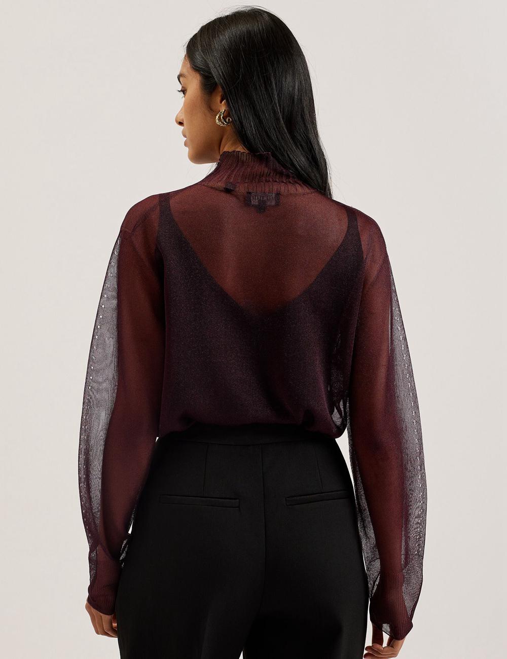 Pulls Ted Baker TAYLAW - Shimmer Sheer Knit Funnel Neck Top Femme Rouge | Paris  72610-PDMC