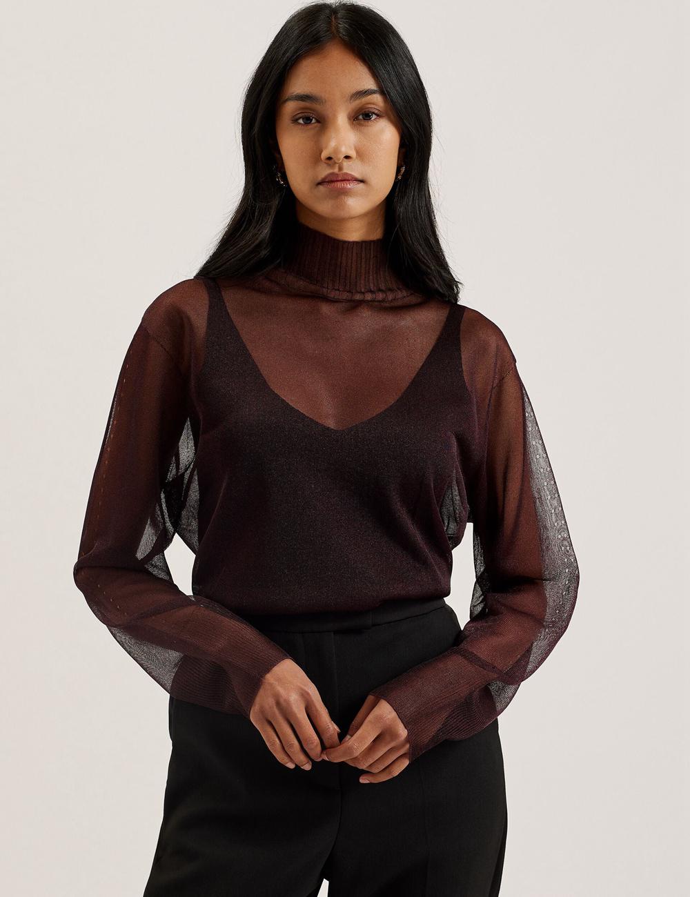 Pulls Ted Baker TAYLAW - Shimmer Sheer Knit Funnel Neck Top Femme Rouge | Paris  72610-PDMC