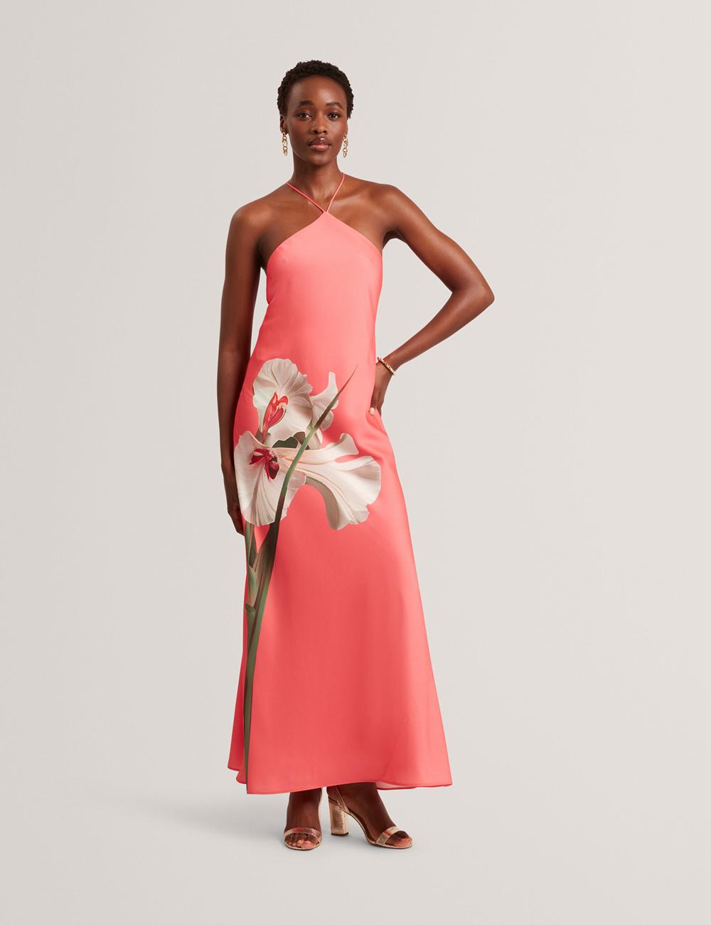 Robe Maxi Ted Baker AJIMA - Floral Graphic Halter Neck Satin Femme Corail | Paris  20451-FJQM