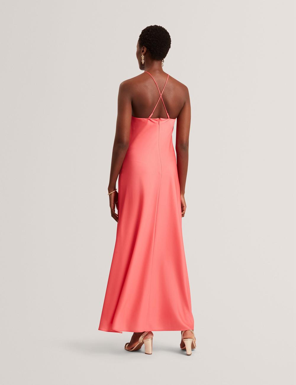 Robe Maxi Ted Baker AJIMA - Floral Graphic Halter Neck Satin Femme Corail | Paris  20451-FJQM