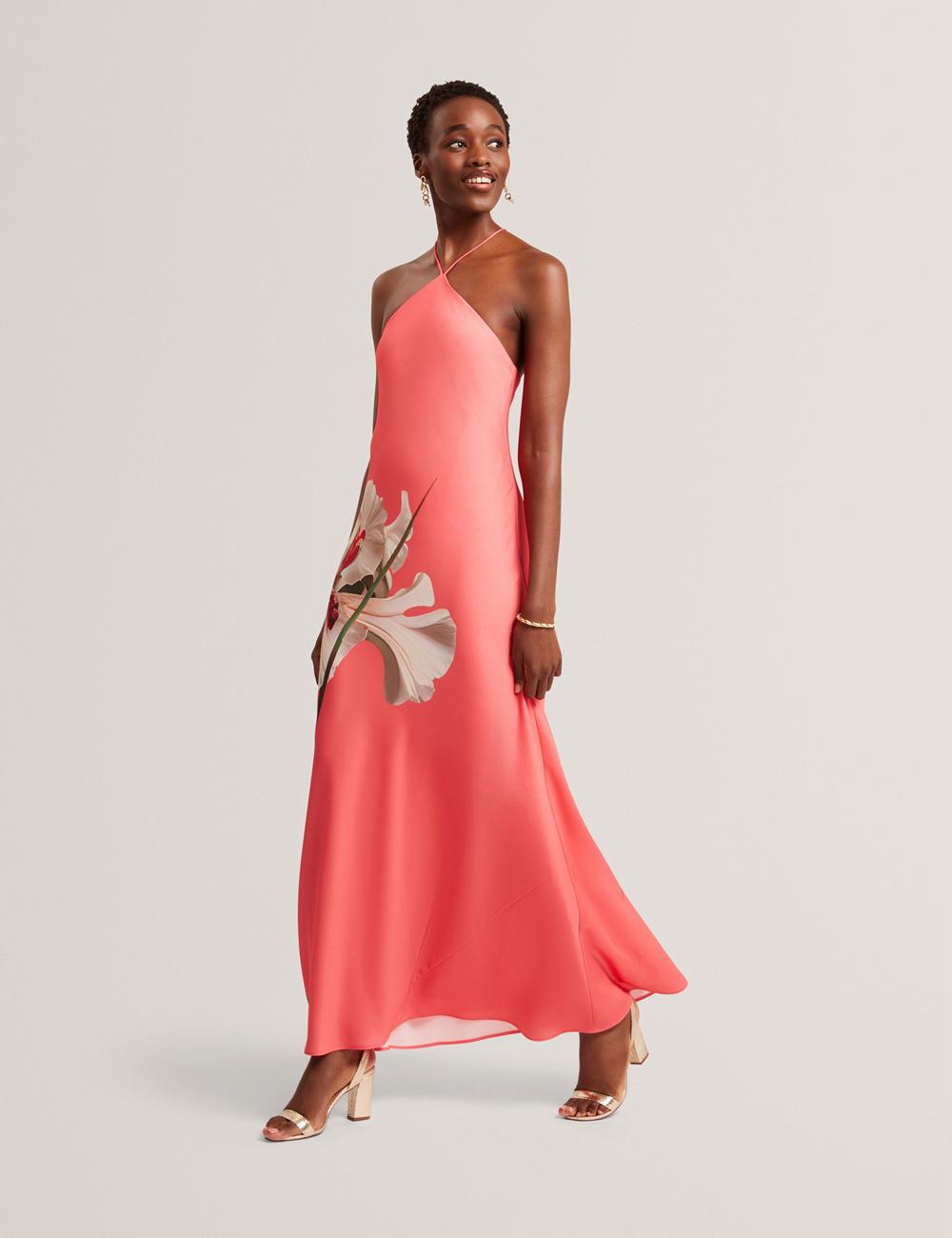 Robe Maxi Ted Baker AJIMA - Floral Graphic Halter Neck Satin Femme Corail | Paris  20451-FJQM