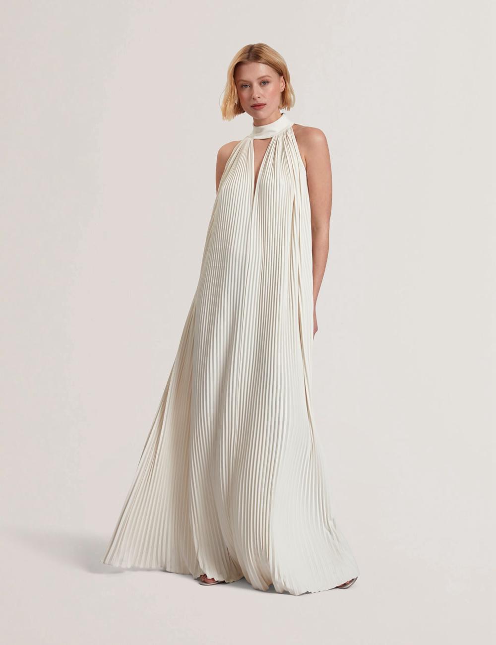 Robe Maxi Ted Baker AKALA - Halter Neck Keyhole Detail Pleated Femme Corail | Paris  03865-HGJV