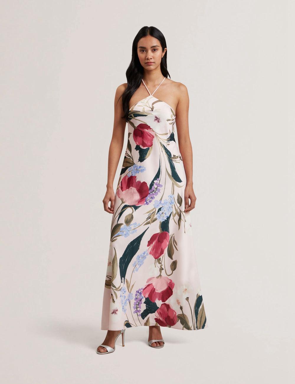 Robe Maxi Ted Baker ALMARIA - Floral Halter Neck Woven Femme Rose | Paris  67108-ZBPY
